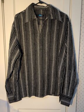 BC Collection  Striped Black White Men’s Long-Sleeve Shirt Sheer 70's disco